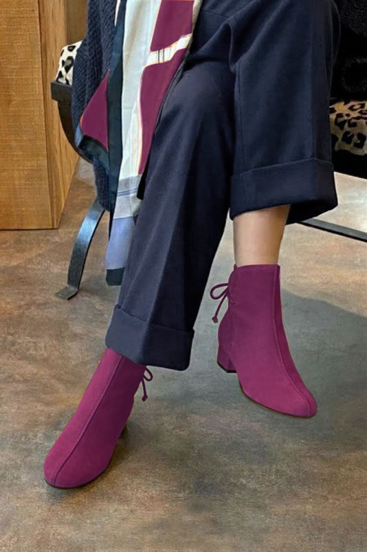 Women's plum purple back lace-up ankle boots with round toe and low block heel - Top view